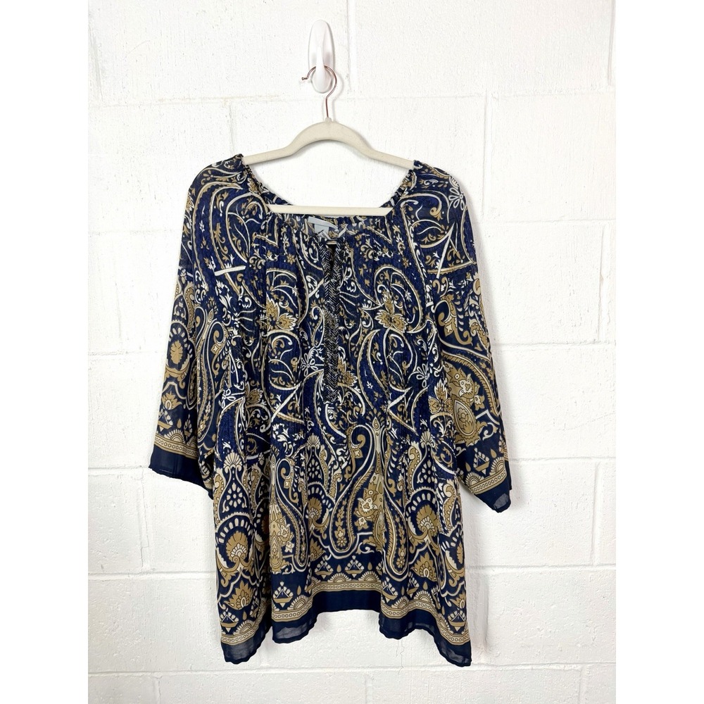 Catherine's Top Popover Blue Paisley Sheer Lightweight Beaded Fairy Artsy 1X